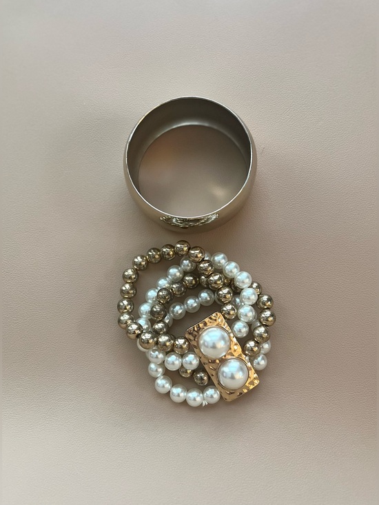Jewelry - Polished Bangle and Beaded Stacked Pearl Bracelet
Set